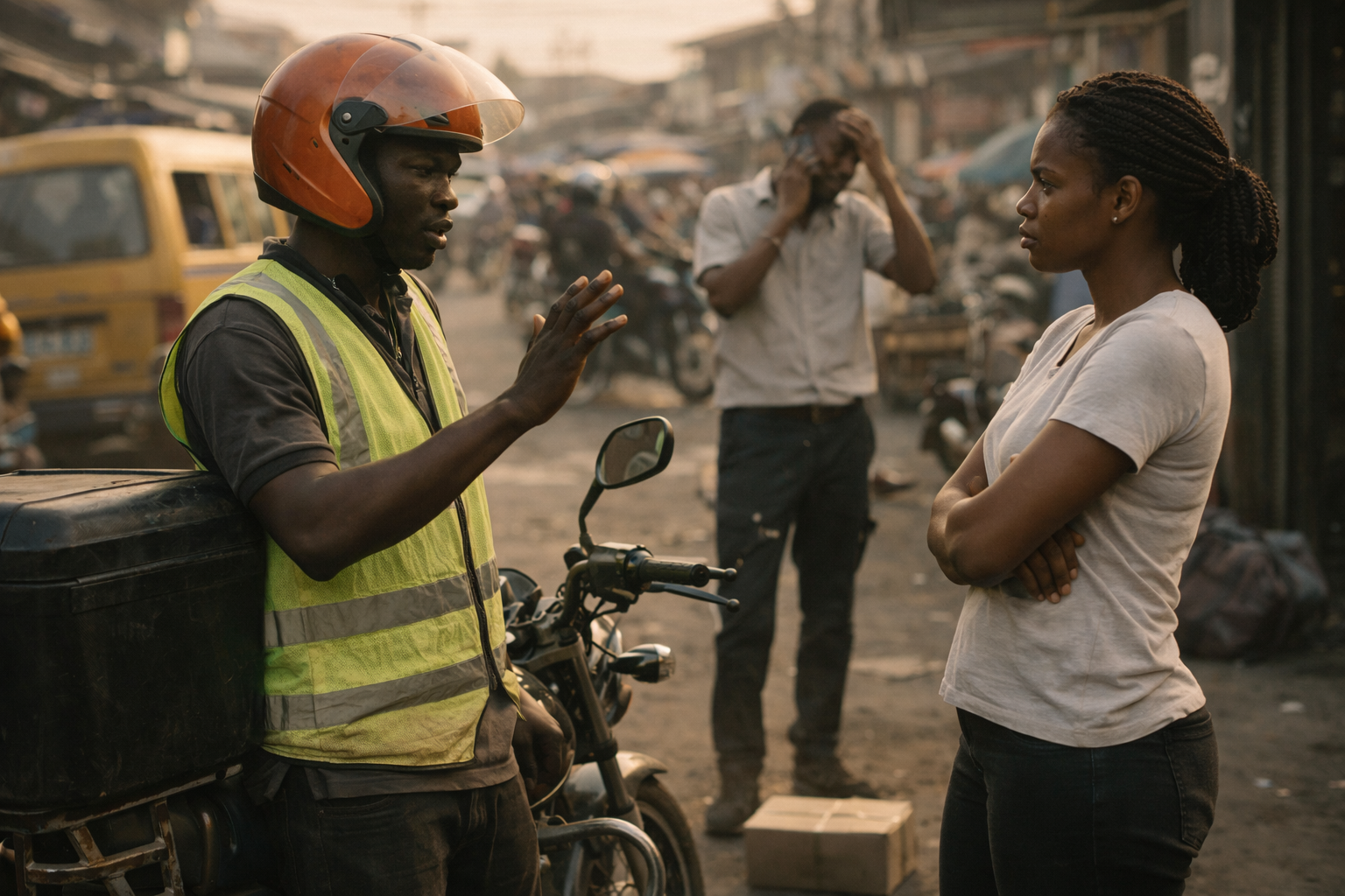 Lagos dispatch rider and customer in pricing dispute at delivery point, dispatch manager on phone in background