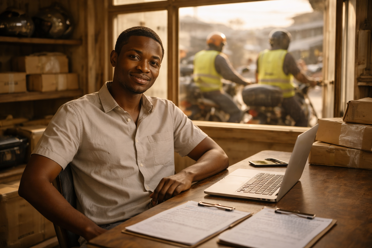 Young Nigerian dispatch manager relaxed at desk with two riders visible through office window, small organized operation