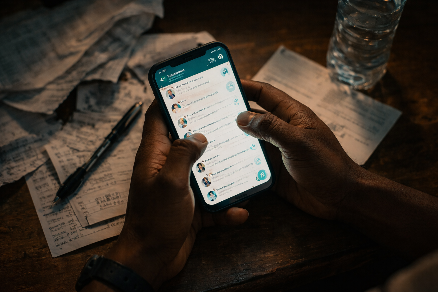 Overhead view of Lagos dispatch manager's phone showing dozens of WhatsApp conversations and unread messages on a cluttered desk
