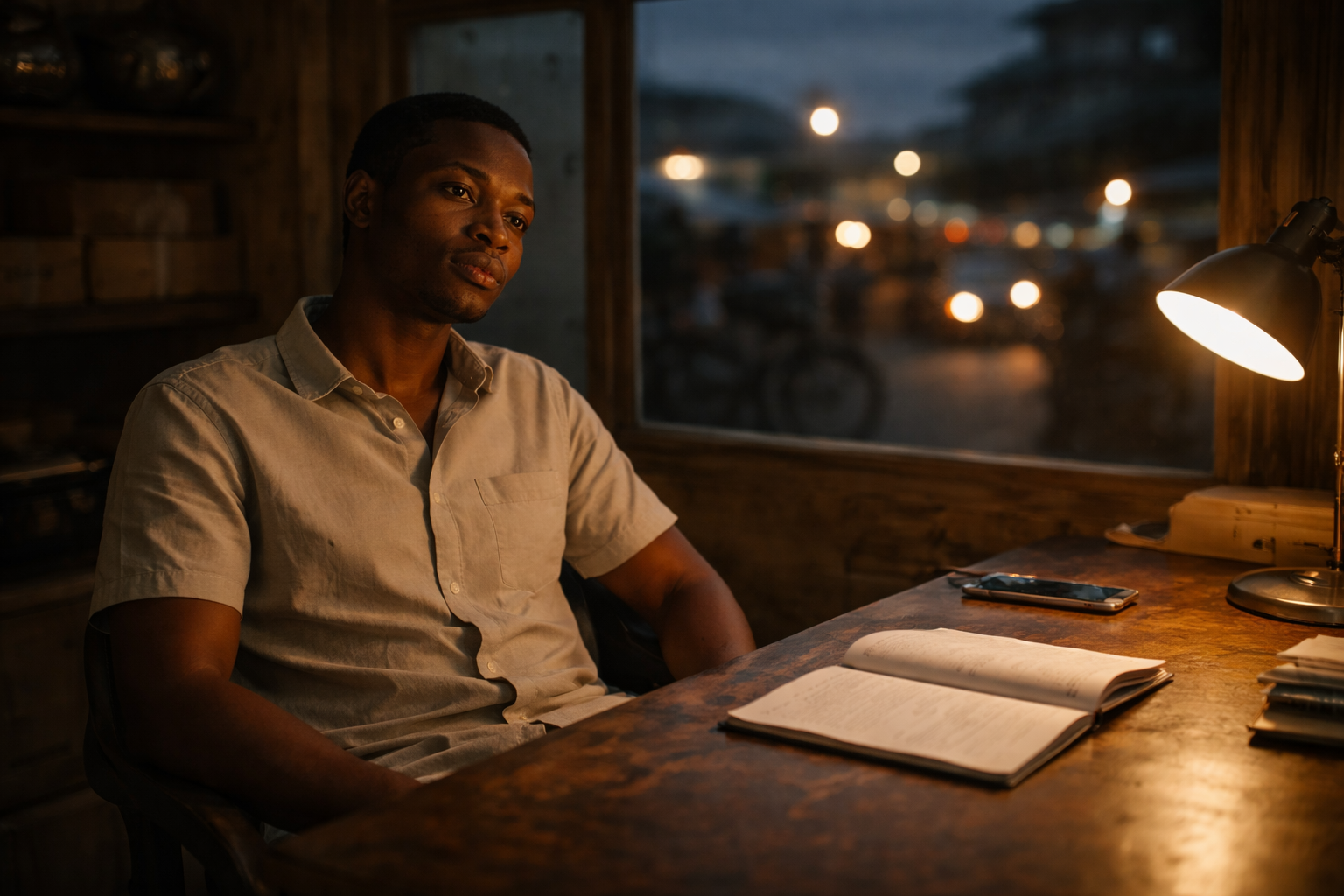 Nigerian dispatch manager staring tiredly at desk at dusk, notebook open, phone face-up, Lagos street visible through window