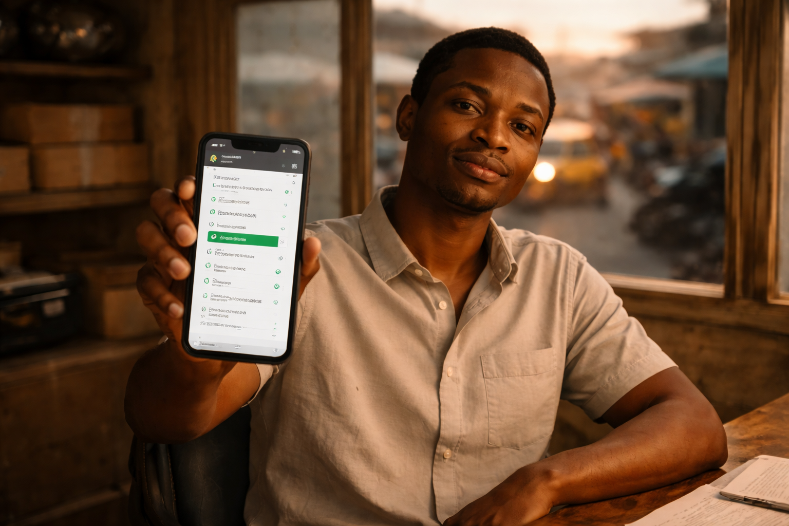 Calm Lagos dispatch manager holding phone showing Go Send Am job card with confirmed price and delivery timestamp