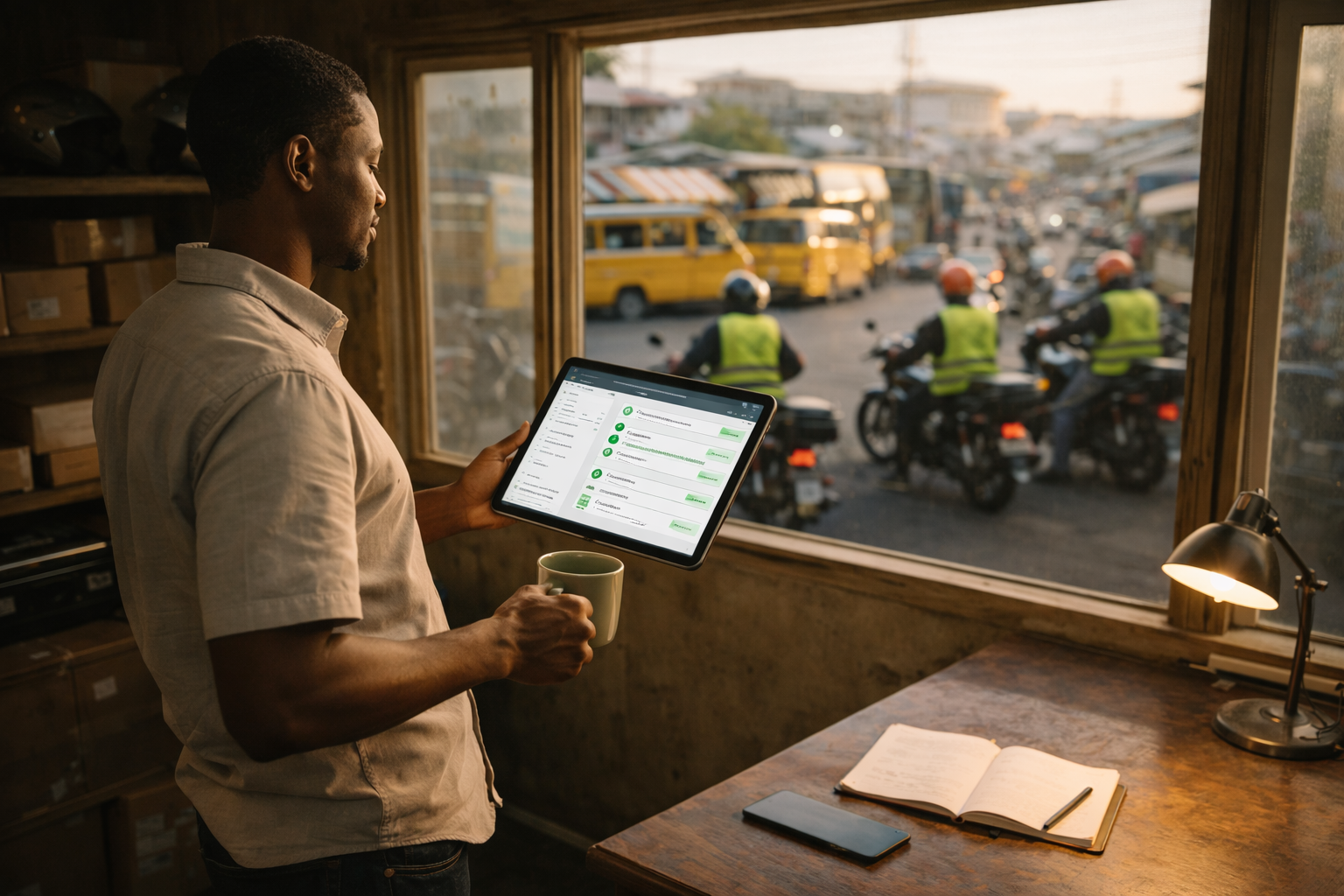 Lagos dispatch manager calmly reviewing live operations dashboard on tablet with multiple riders dispatched and status indicators visible