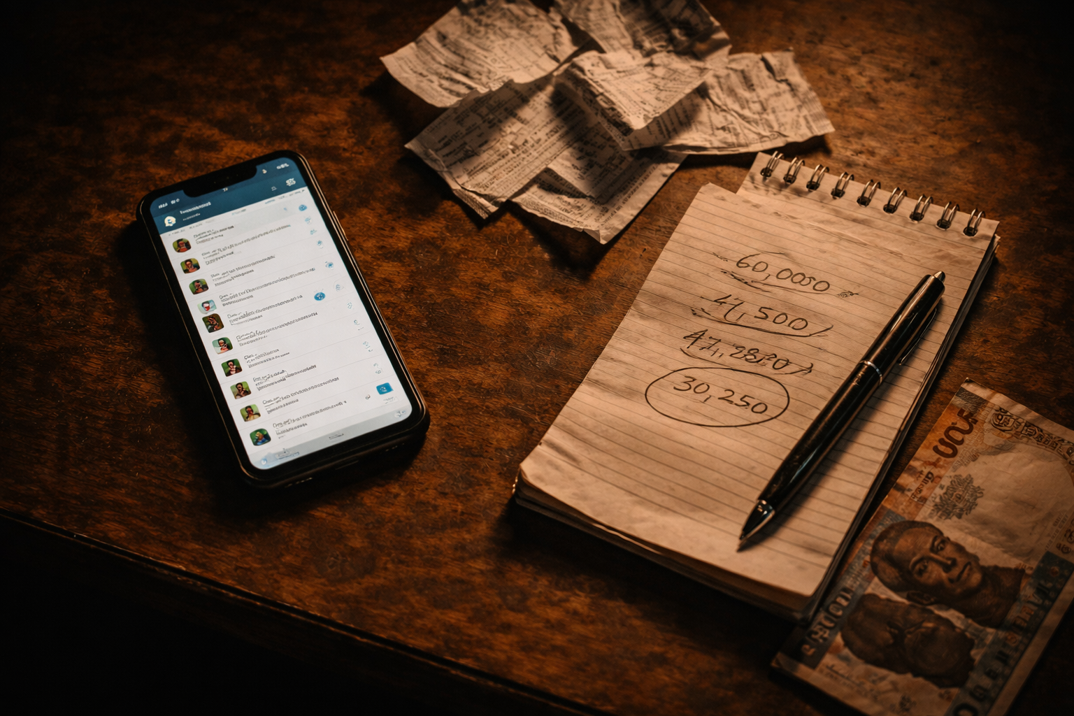 Overhead flat-lay of Lagos dispatch manager's desk showing WhatsApp chat, handwritten numbers crossed out, crumpled receipts, and Nigerian Naira note