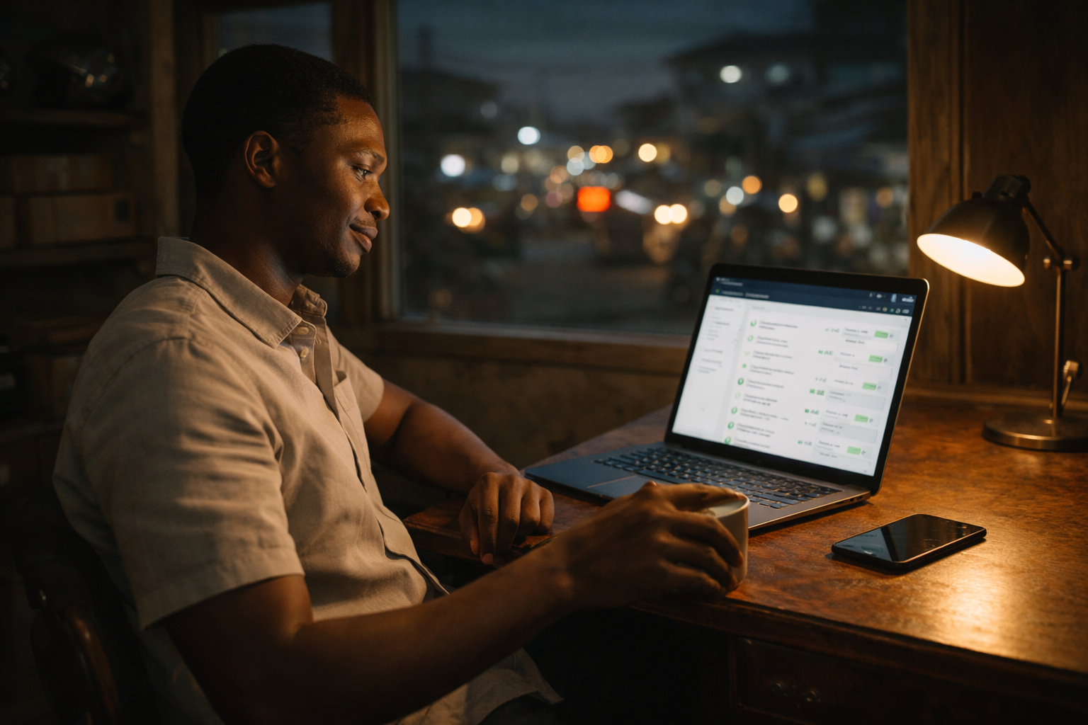 Nigerian dispatch manager relaxed at desk late evening, phone silent with no notifications, reviewing laptop report, Lagos night city lights in background