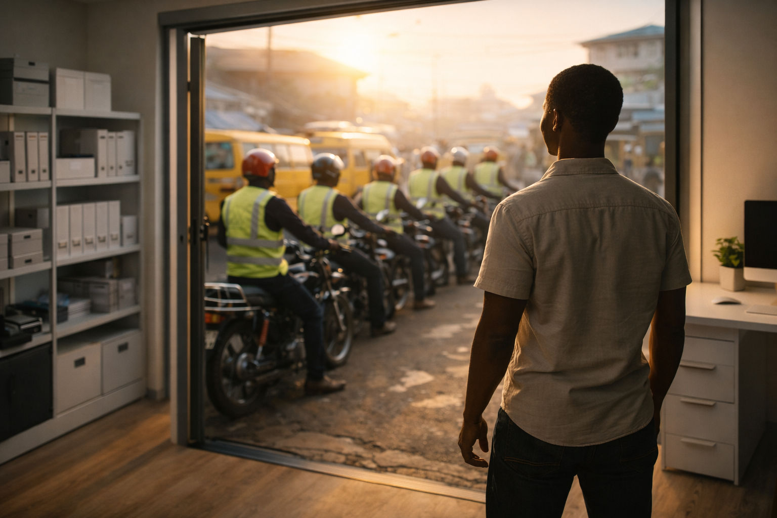 Lagos dispatch manager standing in office doorway at sunrise watching riders lined up on motorcycles ready for structured morning dispatch