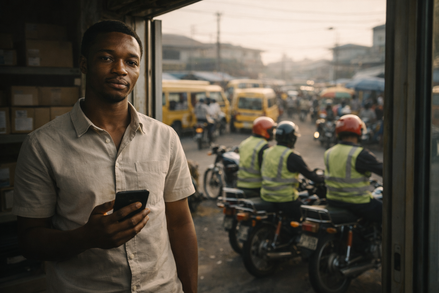 Lagos dispatch manager standing in Surulere office doorway, phone in hand, busy Lagos street visible behind him