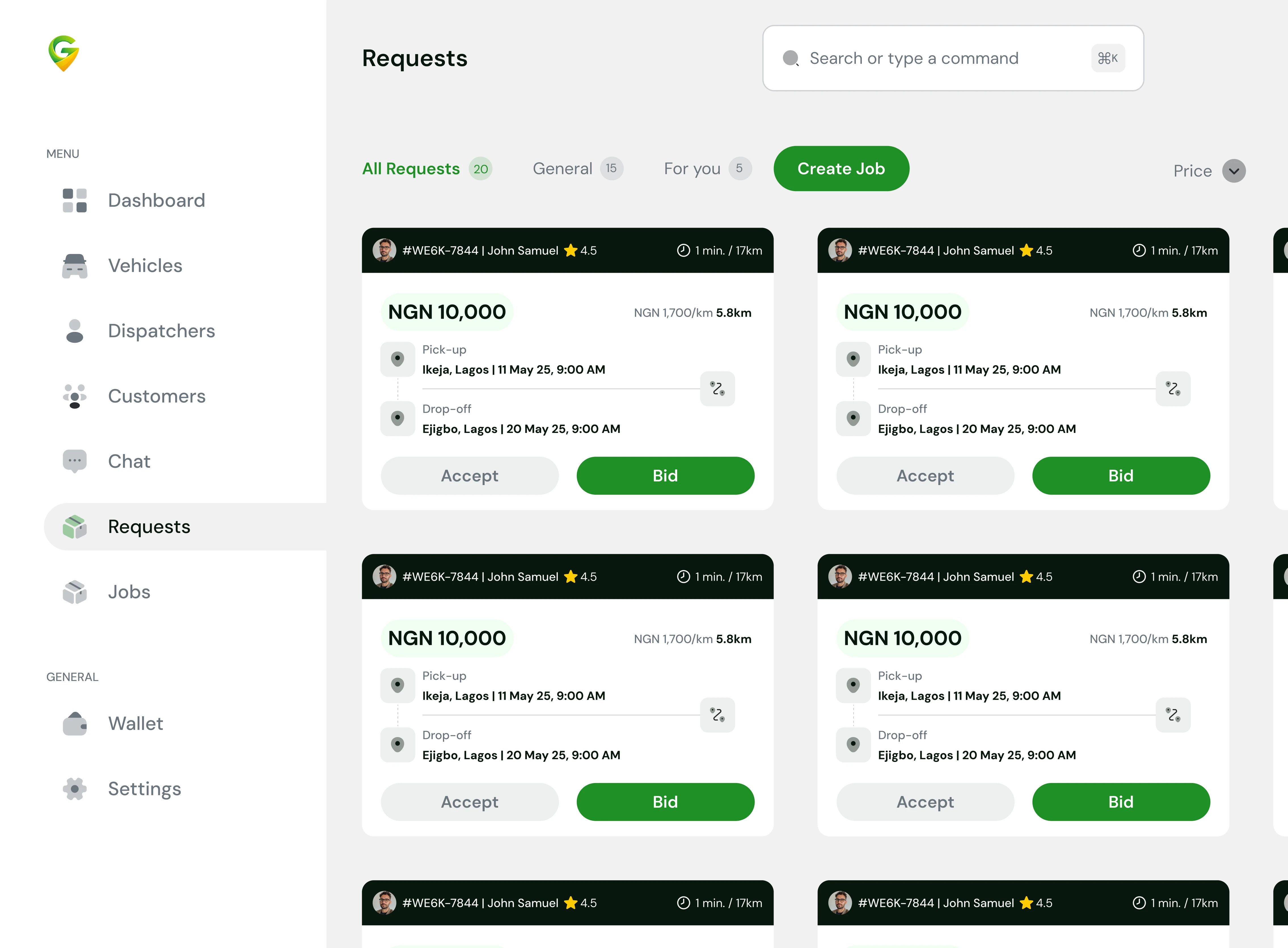Dispatch dashboard showing structured job management