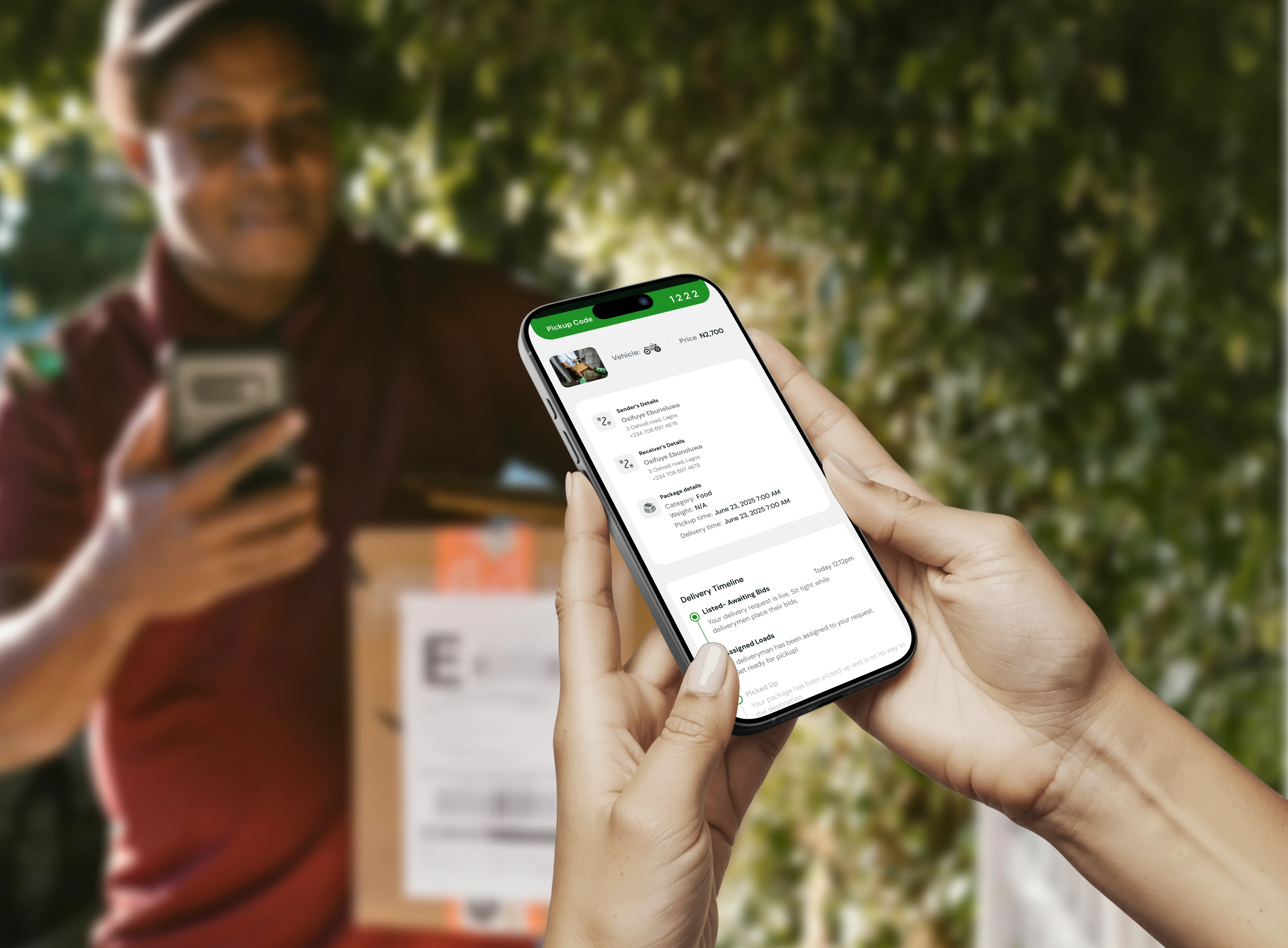 Dispatch rider delivering package with proof confirmation