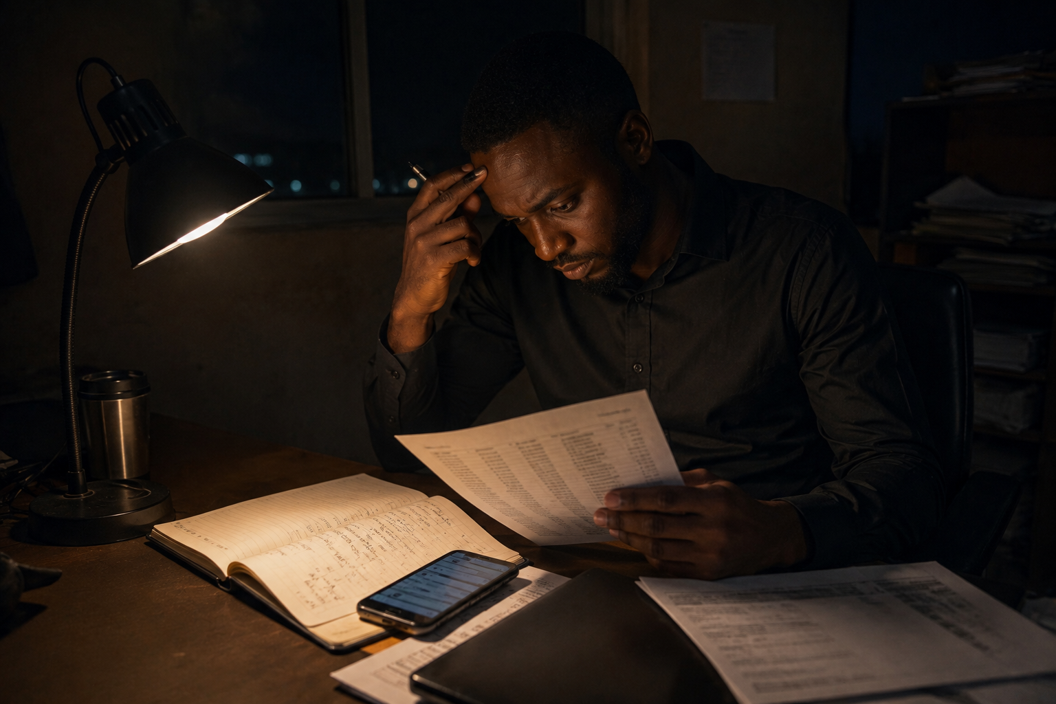 Lagos dispatch operator reconciling weekly records late on Sunday night