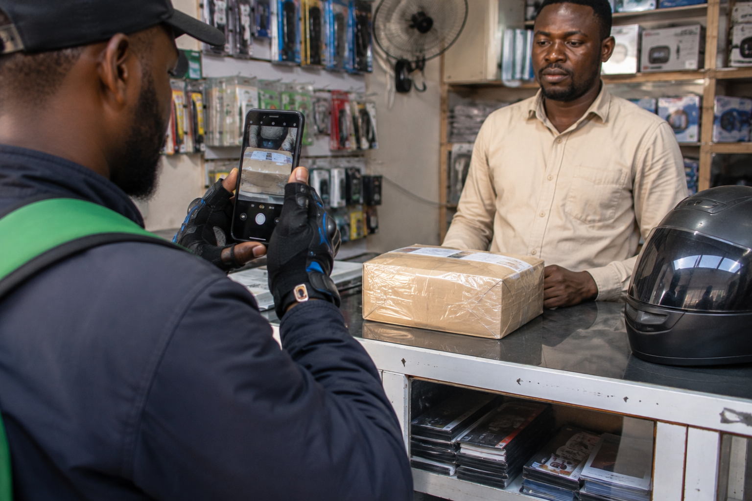 Dispatch rider photographing a package at pickup for proof of delivery Dispatch rider photographing a package at pickup for proof of delivery