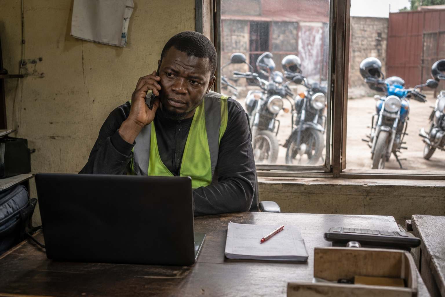 Lagos dispatch operator with idle riders during a slow business day Lagos dispatch operator with idle riders during a slow business day