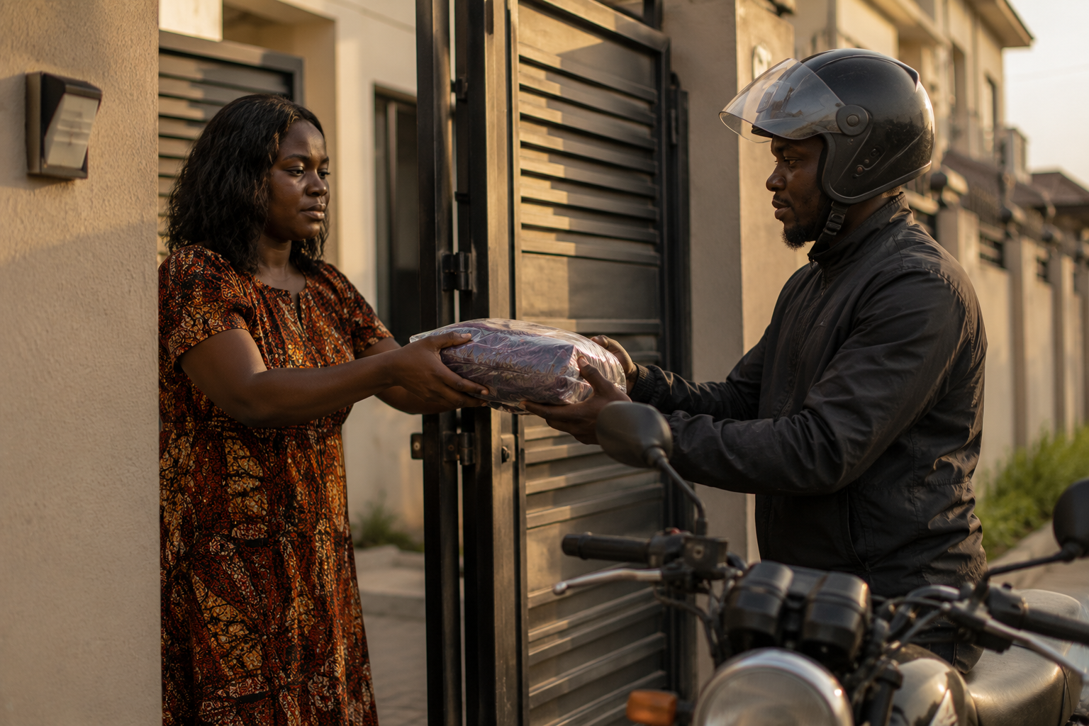 Lagos vendor handing a dress to an unverified WhatsApp rider