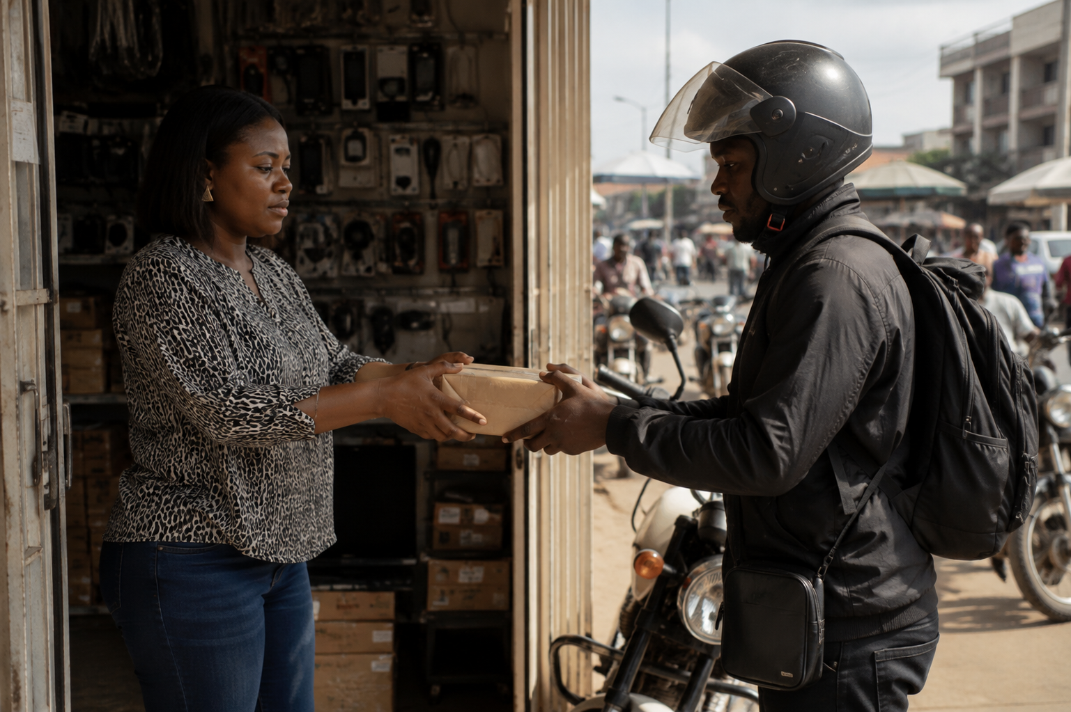 Lagos vendor handing a gadget package to an unverified rider