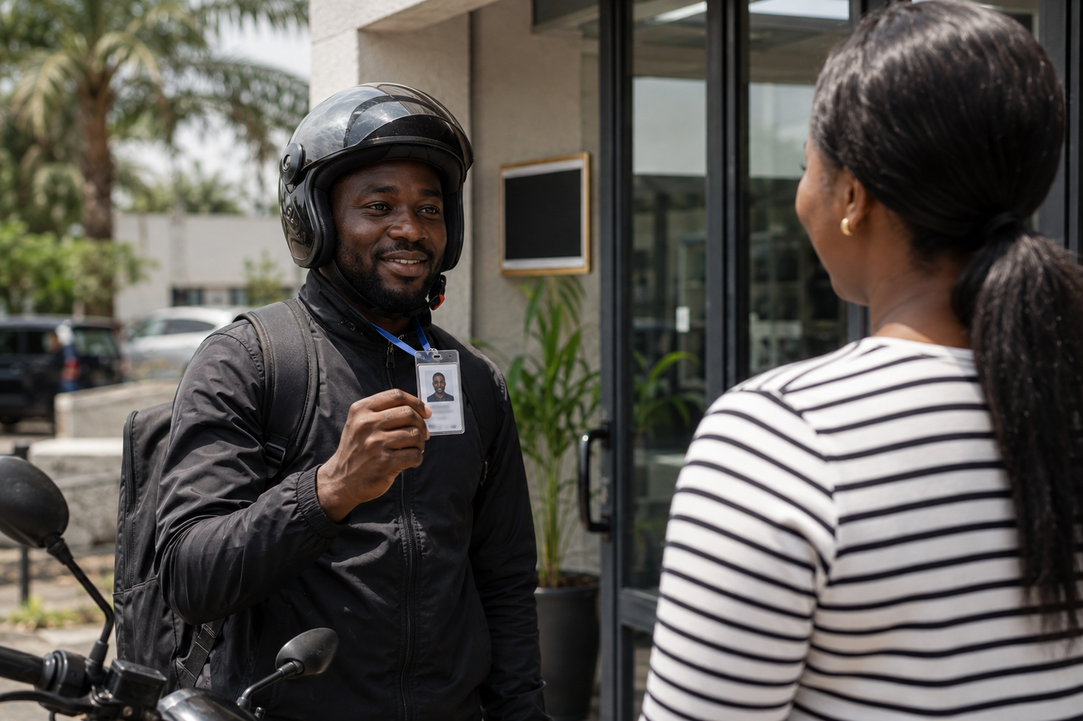 Lagos vendor verifying a dispatch company office before delivery