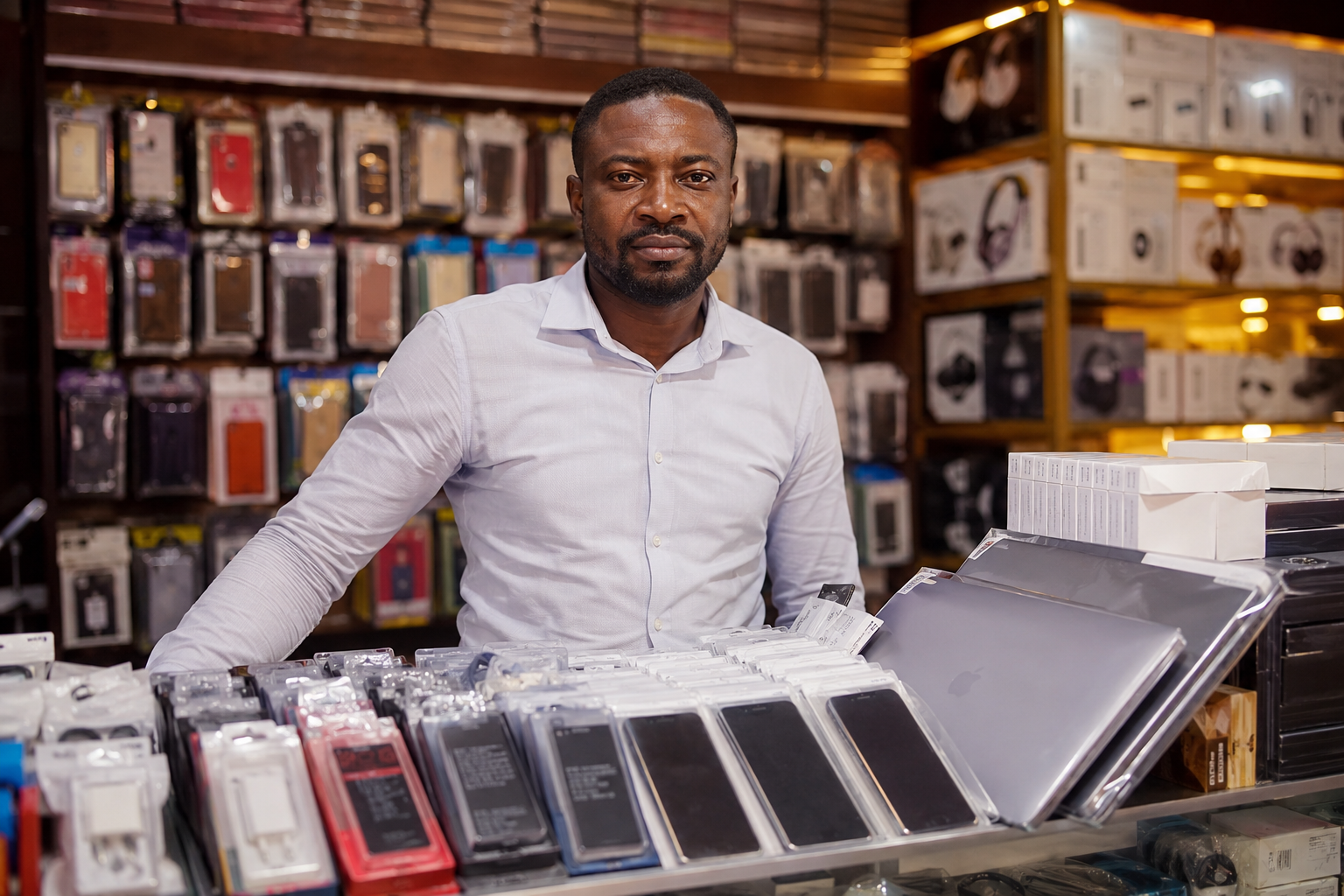 A Lagos trader managing high-value inventory behind a shop counter