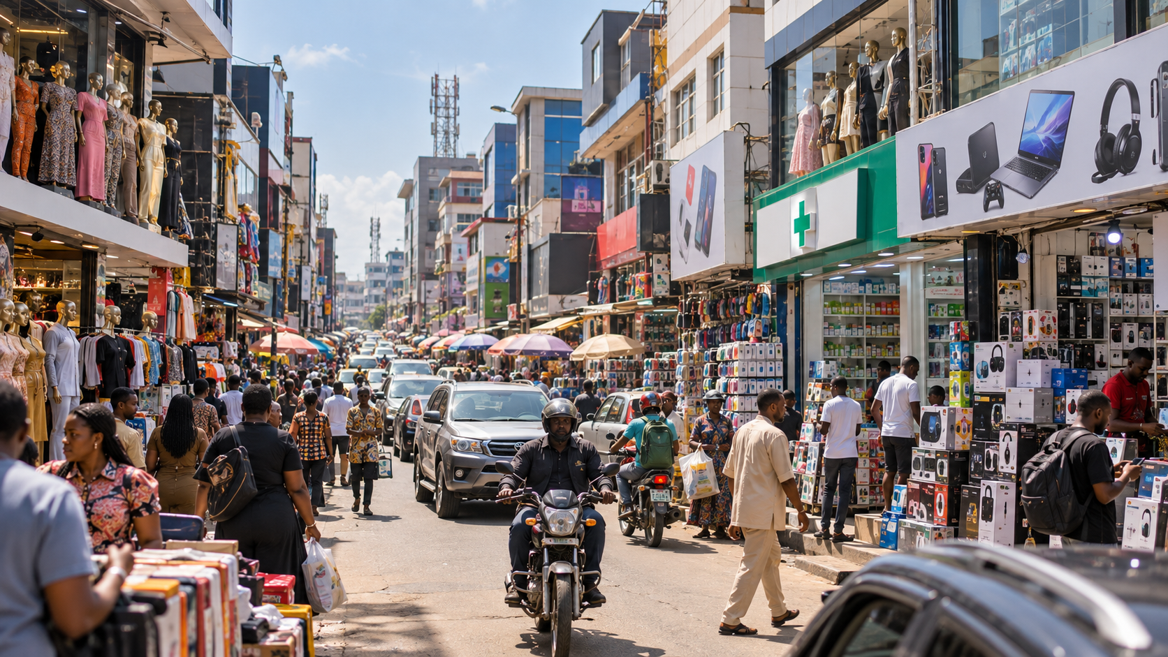 Busy Lagos commercial street showing wide delivery demand Busy Lagos commercial street showing wide delivery demand