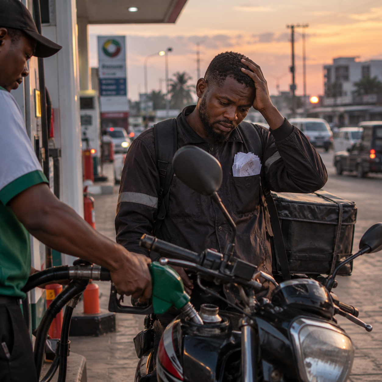 Tired Lagos dispatch rider after a busy but low paying day Tired Lagos dispatch rider after a busy but low paying day