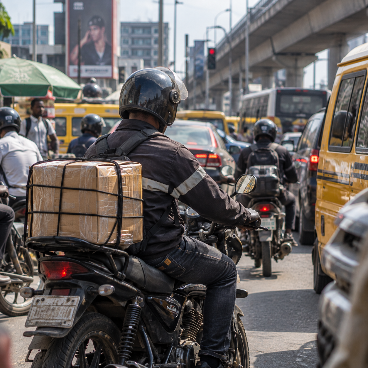 Lagos dispatch rider stuck in traffic on an underpaid delivery job Lagos dispatch rider stuck in traffic on an underpaid delivery job