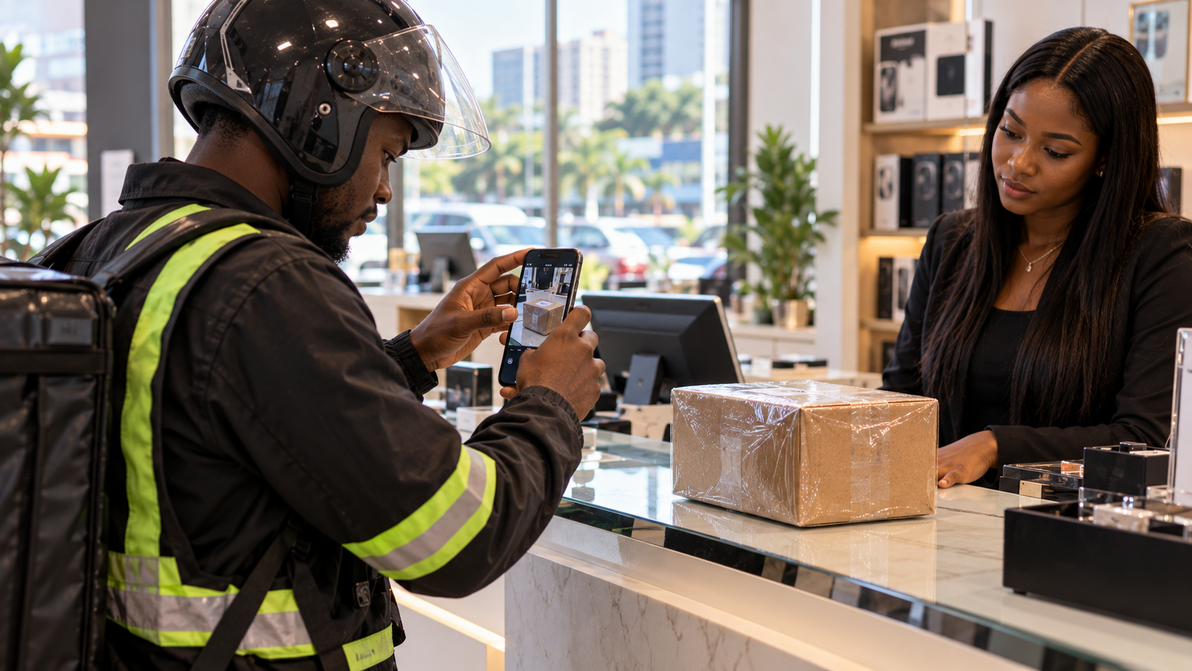 Lagos dispatch rider photographing a package for a delivery record Lagos dispatch rider photographing a package for a delivery record