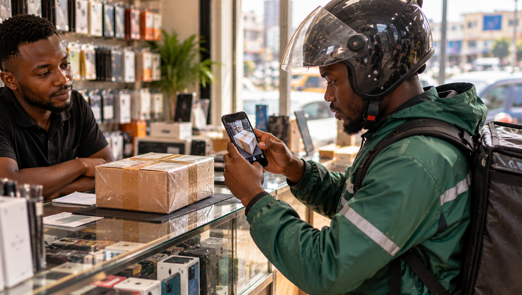 Lagos dispatch rider completing a required pickup photo step Lagos dispatch rider completing a required pickup photo step