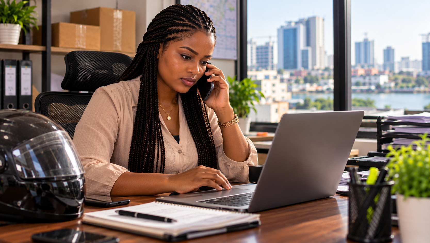 Lagos dispatch operator calmly handling a call using job records Lagos dispatch operator calmly handling a call using job records