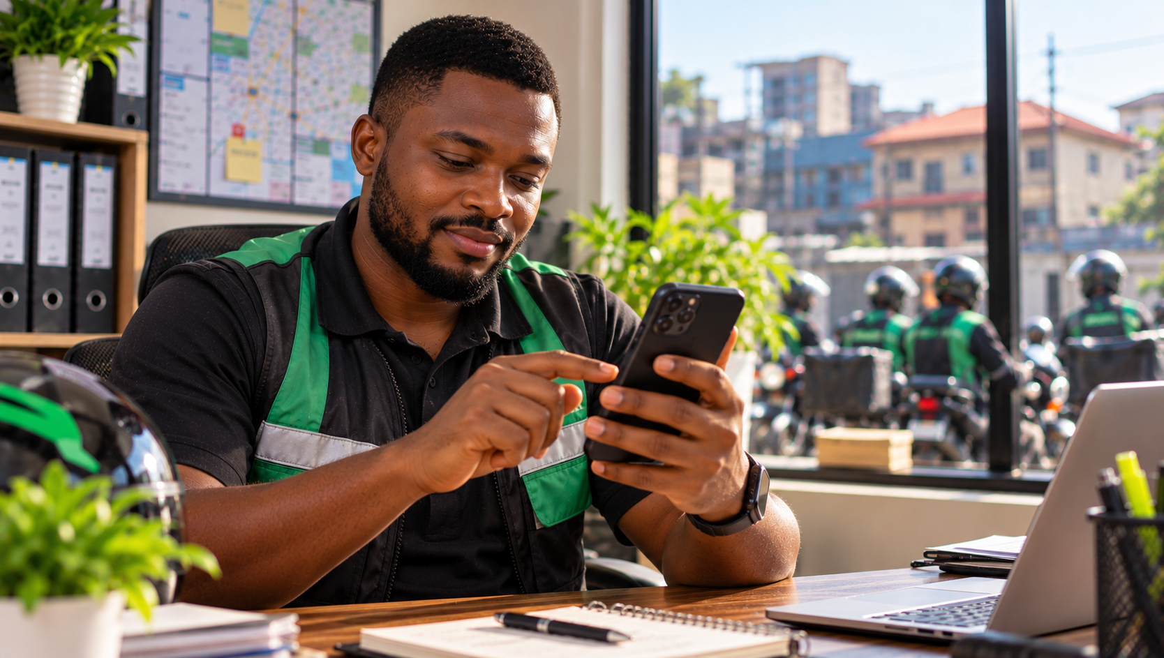Lagos dispatch operator choosing a business account on his phone Lagos dispatch operator choosing a business account on his phone