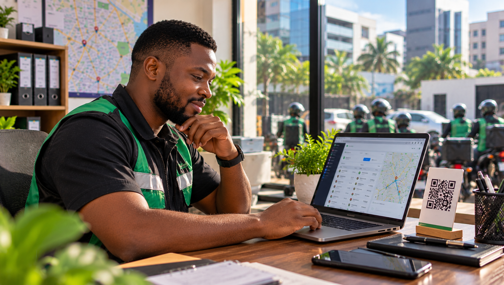 Lagos dispatch operator reviewing his business dashboard and QR code Lagos dispatch operator reviewing his business dashboard and QR code
