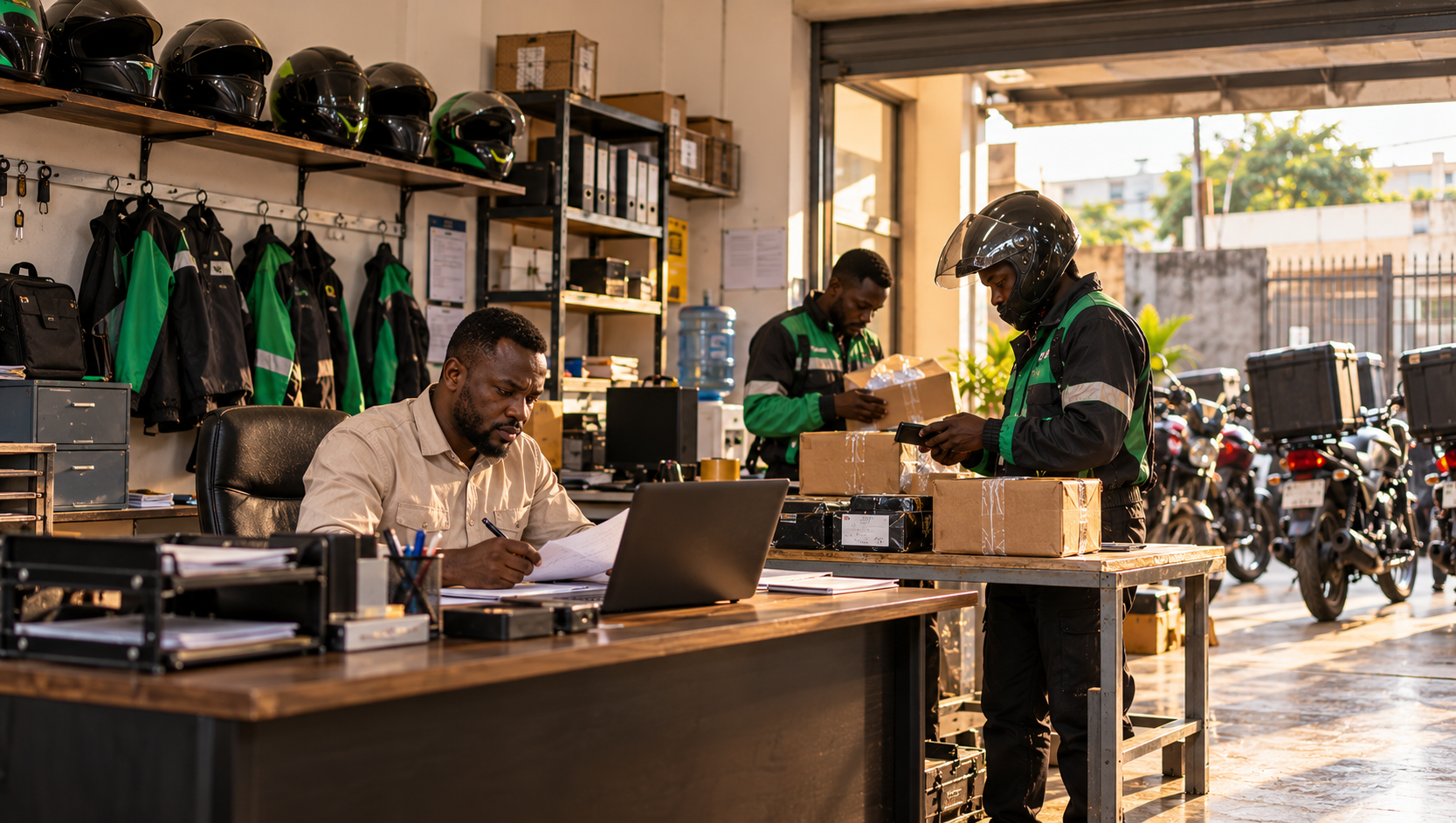 	Independent Lagos dispatch company office with organized delivery parcels, motorcycle helmets and riders preparing for deliveries.