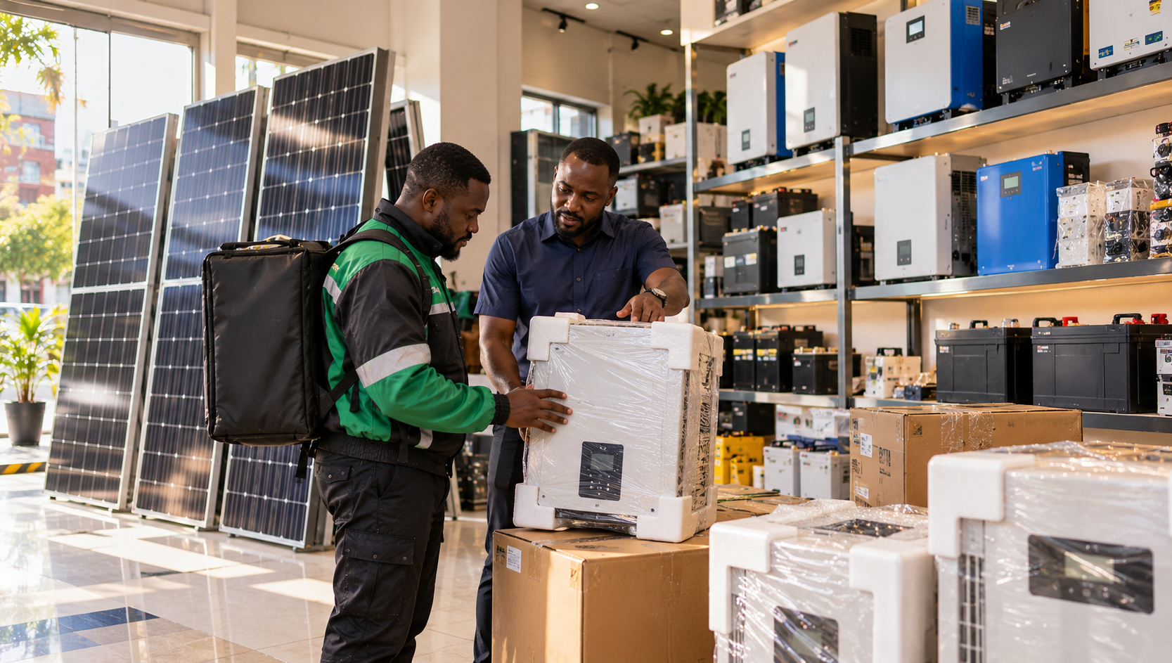 Solar equipment dealer in Lagos inspecting a packaged inverter with a logistics representative before delivery.