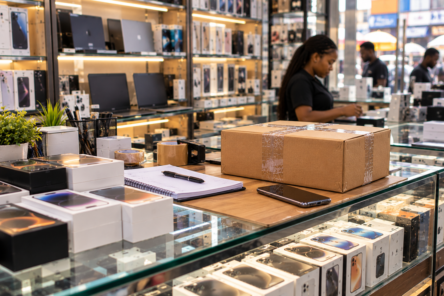 Organized Lagos electronics store counter with boxed smartphones, laptops and a sealed parcel awaiting dispatch. Organized Lagos electronics store counter with boxed smartphones, laptops and a sealed parcel awaiting dispatch.