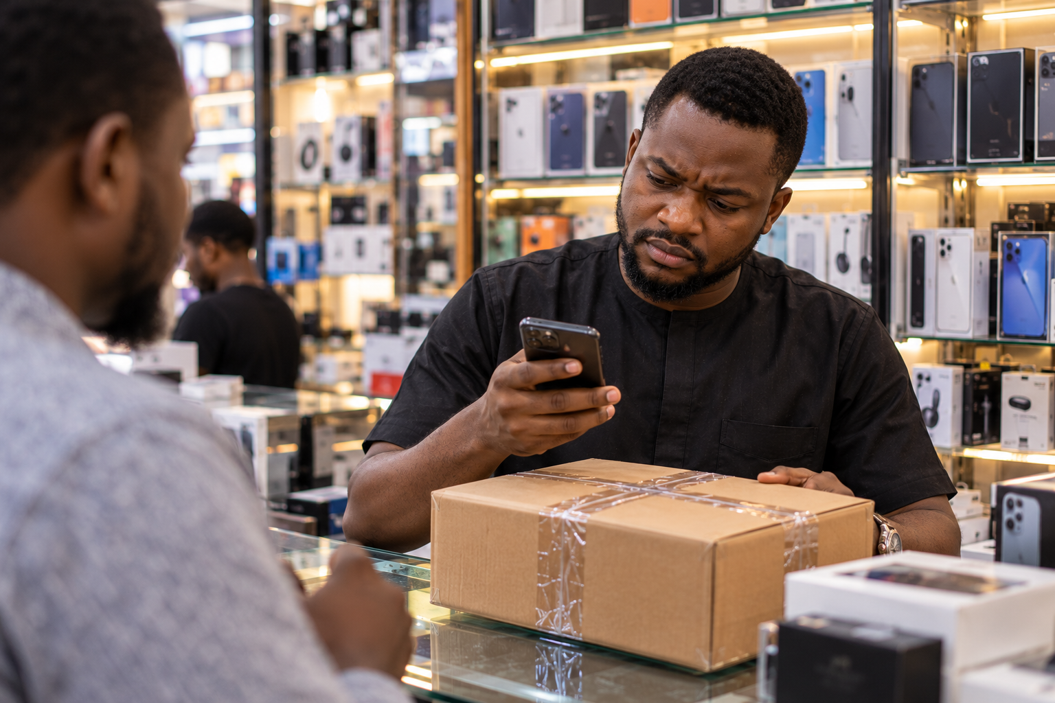 Lagos electronics seller questioning a customer's payment confirmation before releasing an expensive smartphone Lagos electronics seller questioning a customer's payment confirmation before releasing an expensive smartphone