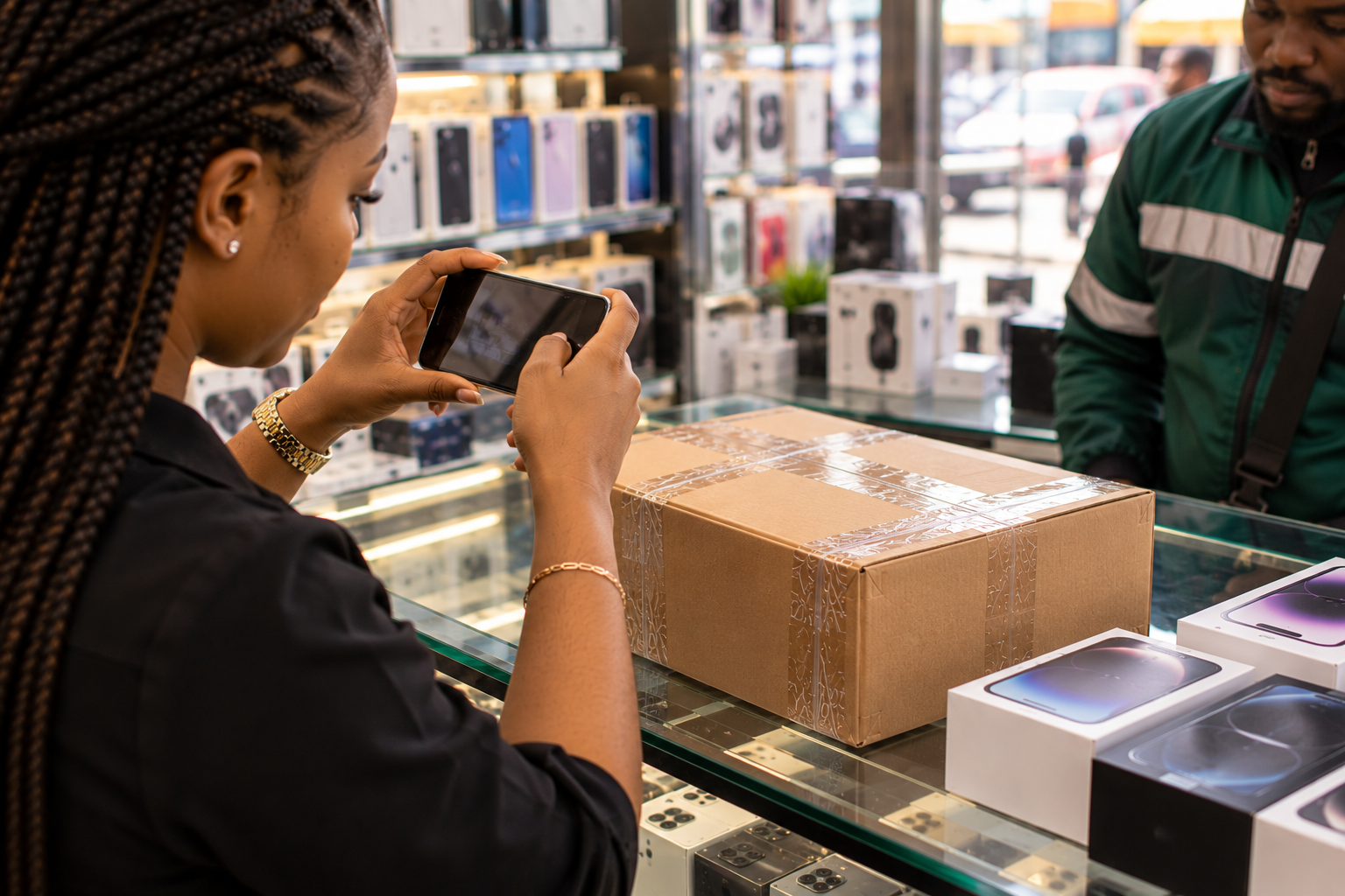 Lagos electronics vendor photographing a sealed smartphone package to document its condition before delivery. Lagos electronics vendor photographing a sealed smartphone package to document its condition before delivery.