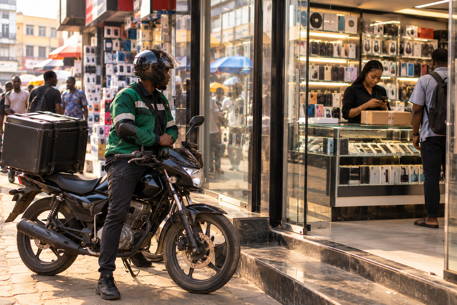 Lagos dispatch rider waiting outside an electronics shop while the seller confirms payment before releasing a parcel. Lagos dispatch rider waiting outside an electronics shop while the seller confirms payment before releasing a parcel.