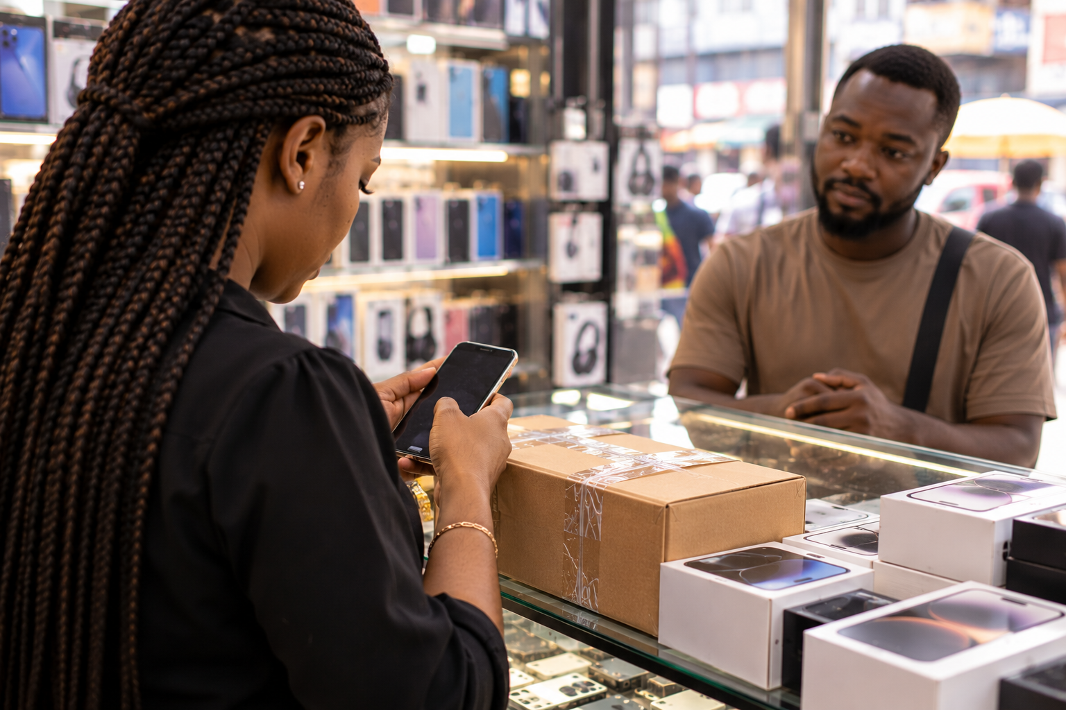 Lagos phone seller verifying a bank transfer on her own smartphone before releasing a sealed electronics package. Lagos phone seller verifying a bank transfer on her own smartphone before releasing a sealed electronics package.