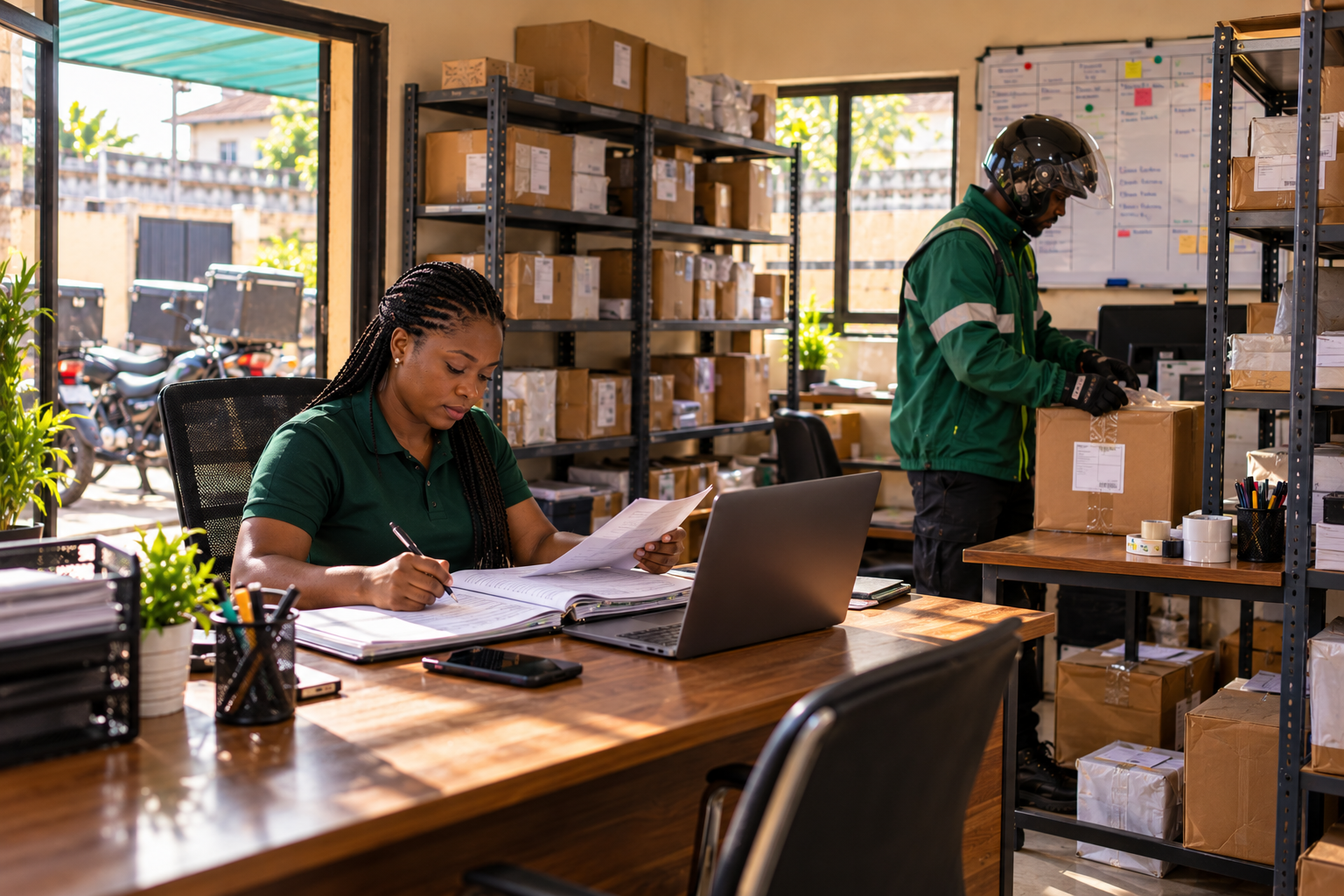 Organized Lagos dispatch office with sealed parcels, delivery records and an operations manager coordinating riders.