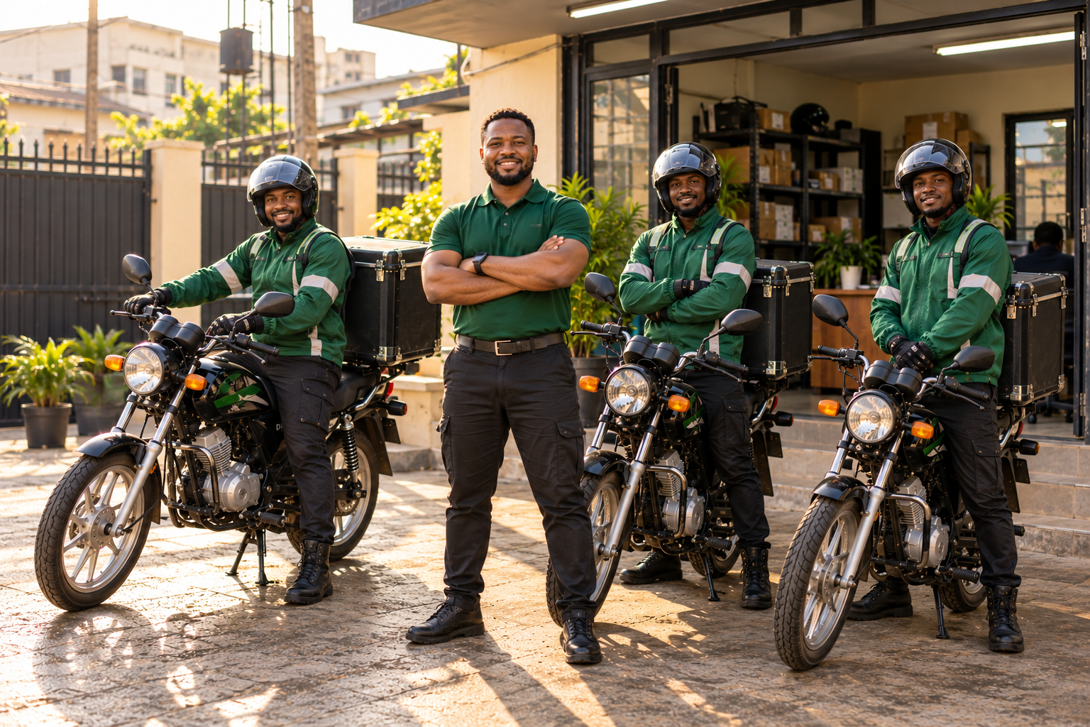 Nigerian dispatch company owner and professional riders standing beside delivery motorcycles outside their Lagos office.