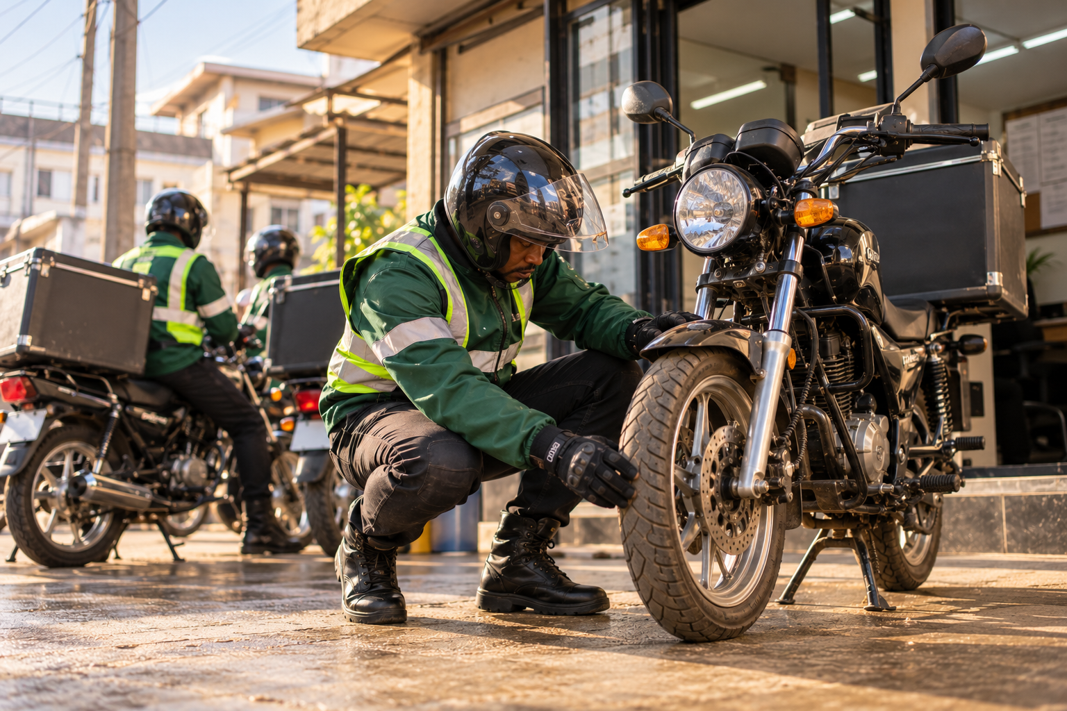 Lagos dispatch rider wearing a helmet and reflective vest inspecting his motorcycle tyre before starting deliveries.