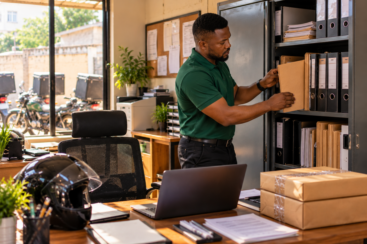 Lagos dispatch company owner organizing courier license paperwork and business records in an office filing cabinet.