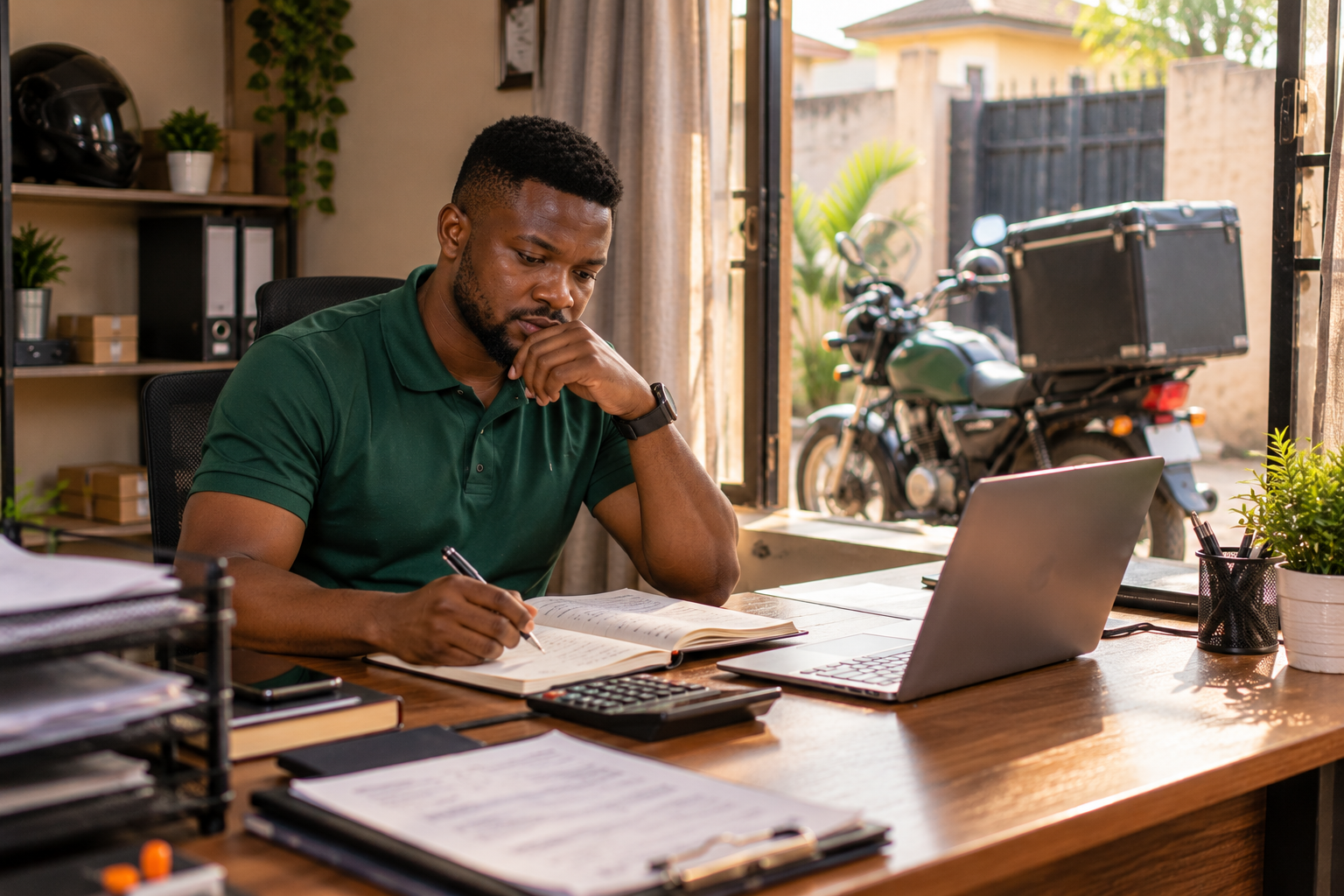 Nigerian entrepreneur planning a Lagos dispatch business with a notebook, calculator and registration documents.