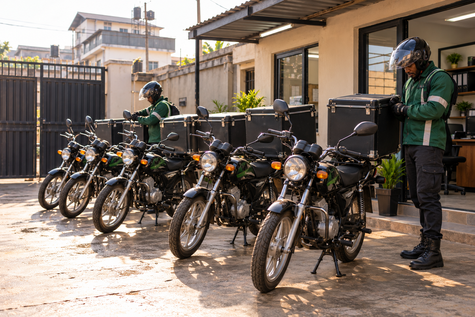 Fleet of commercial delivery motorcycles with parcel boxes parked at a Lagos dispatch company's office.