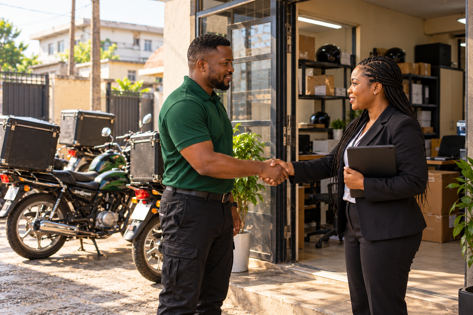 Lagos dispatch company owner meeting a business verification representative outside his office.