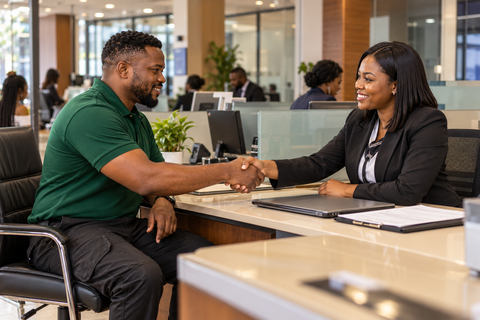 Nigerian dispatch company owner meeting a bank officer to open a business account for his delivery company.