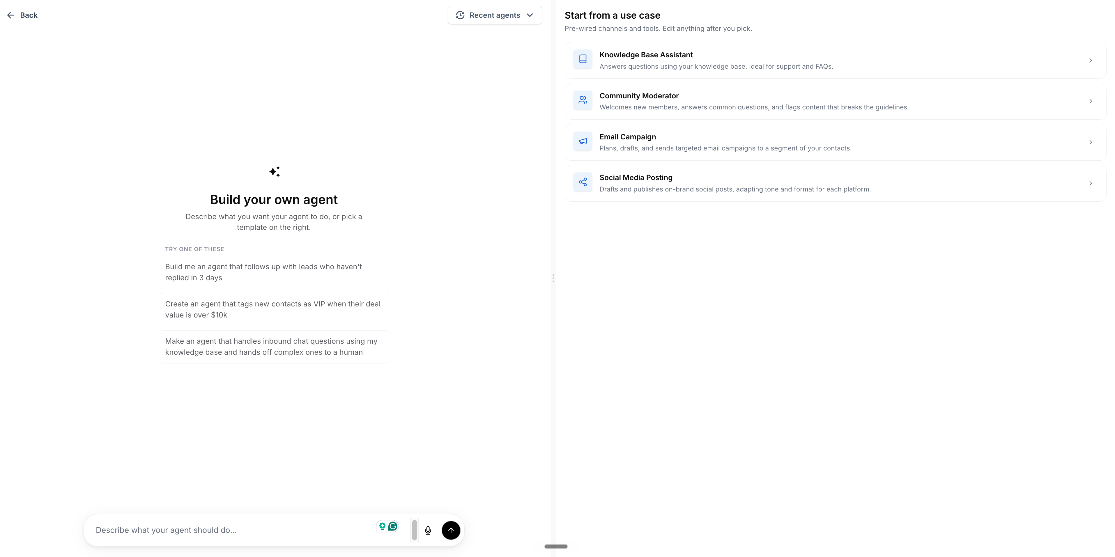 Building a prompt-based AI agent from a template in revenu