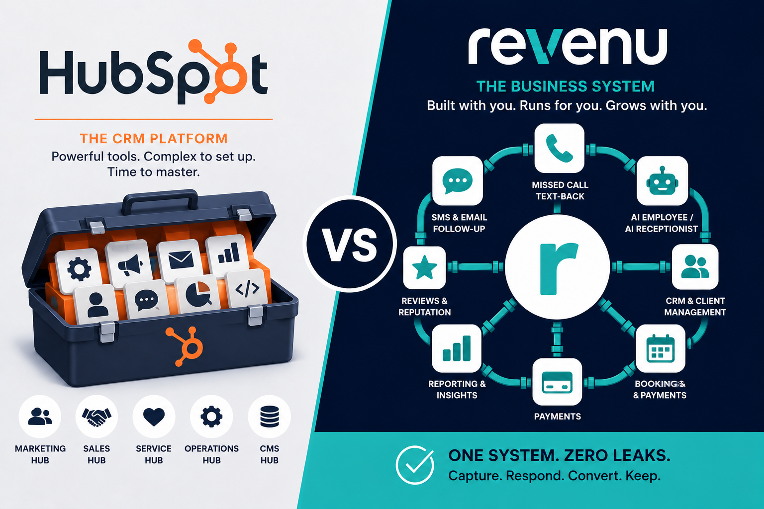 HubSpot vs revenu comparison: an overflowing toolbox of parts beside a compact connected machine already running