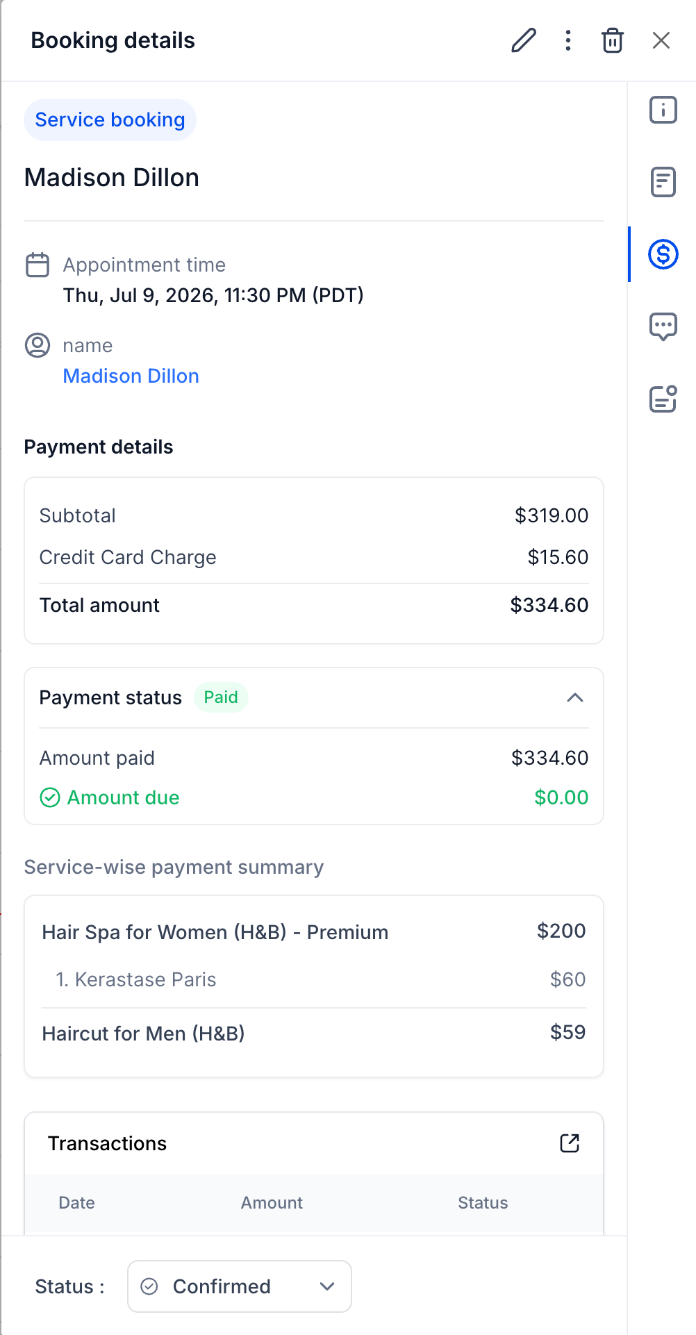 Service booking payment details showing subtotal, total amount and a paid payment status