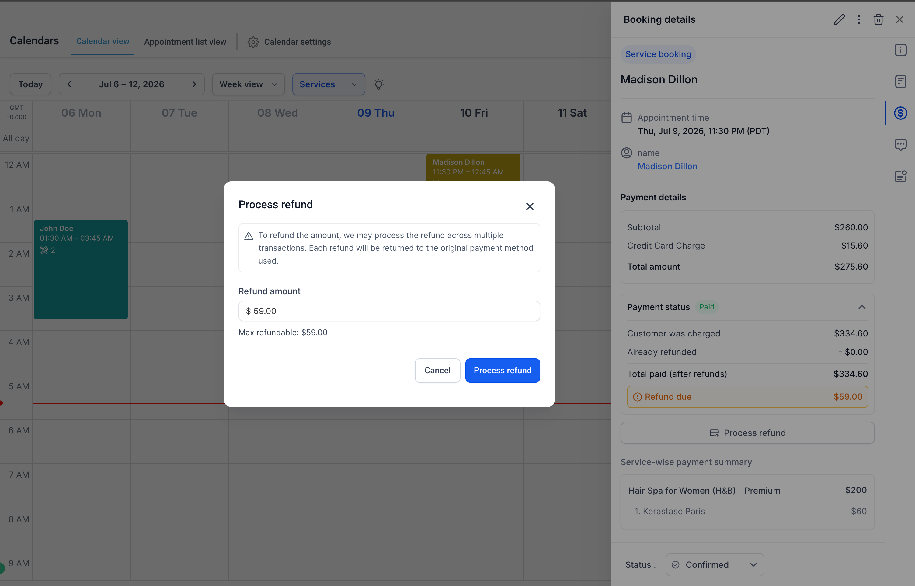 Process refund window on the calendar showing the refund amount going back to the original payment method