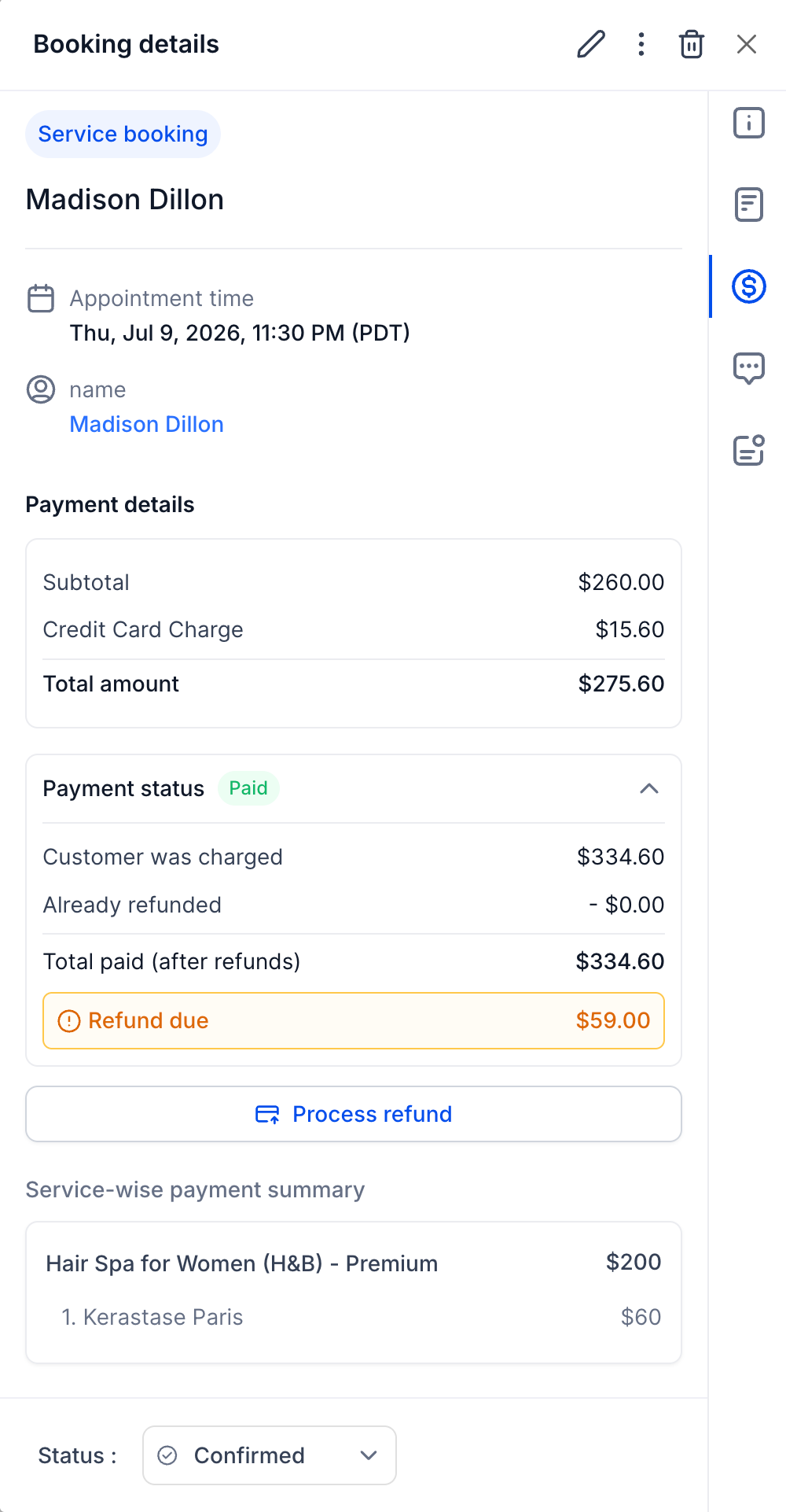 Edited service booking showing a refund due amount and a process refund button