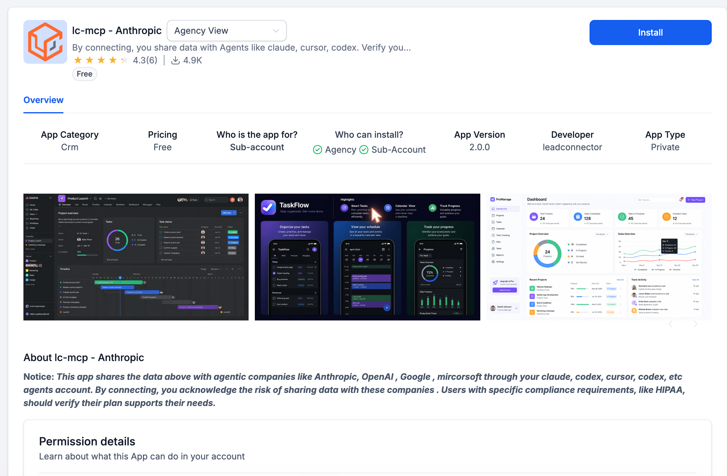The install and sign-in page where you choose your account and connect