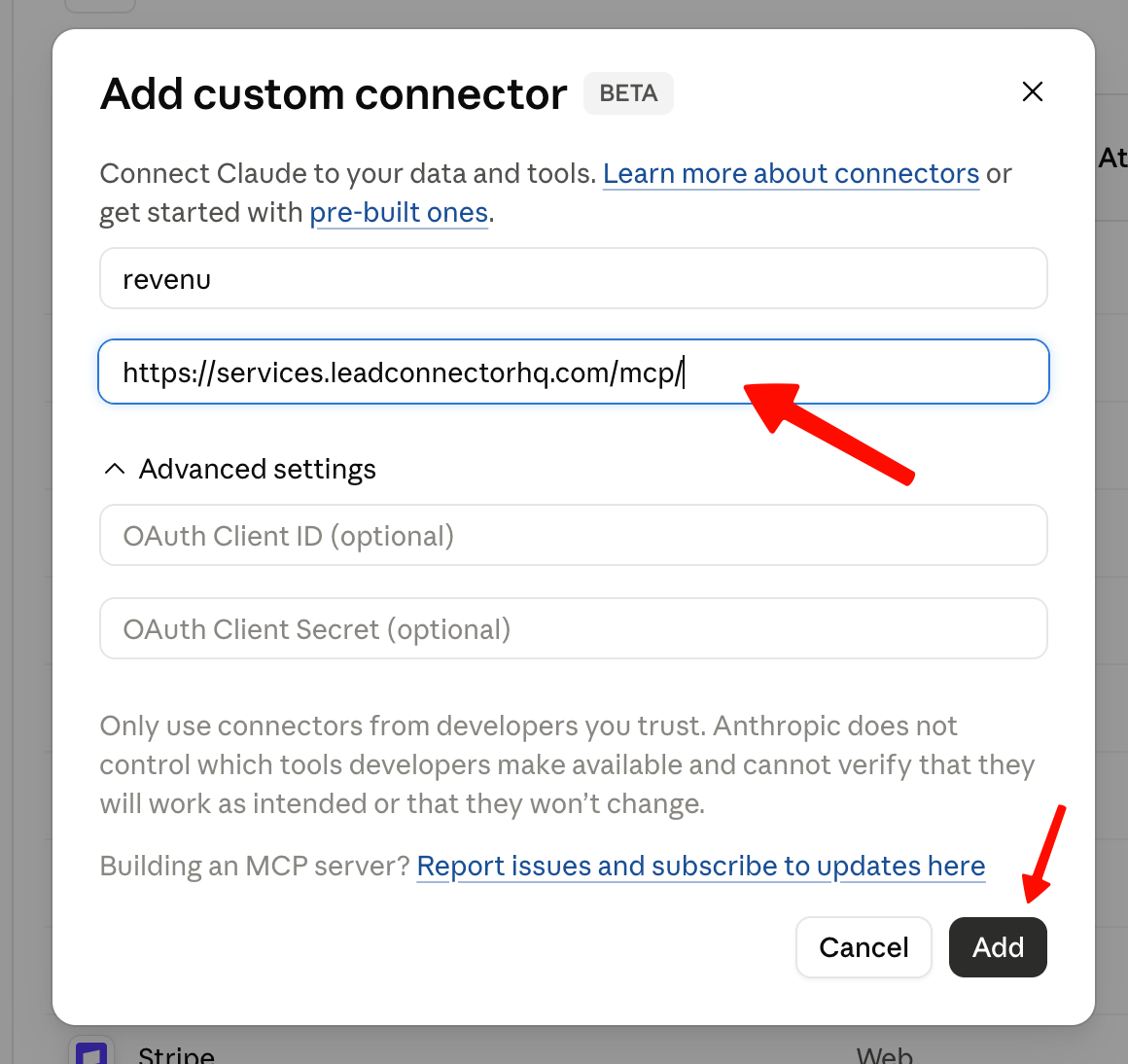 Claude Add custom connector dialog, named revenu with the connection address in the URL field, then click Add