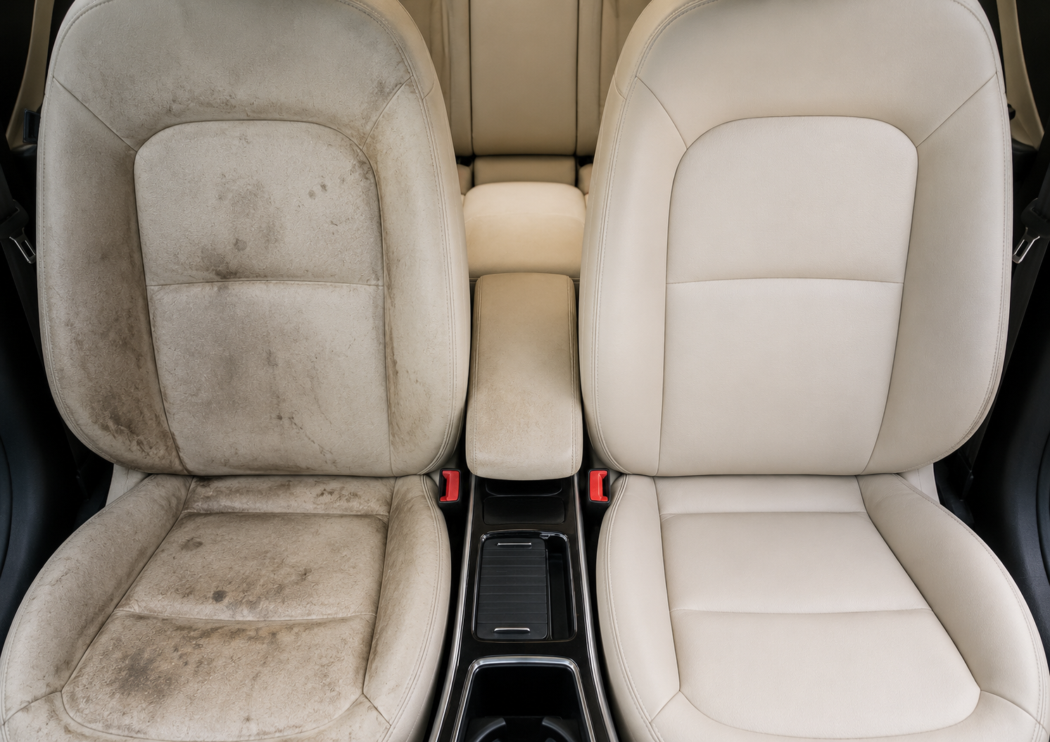 “Before and after comparison of heavily stained beige car seats restored through professional interior detailing. Deep upholstery cleaning removes embedded dirt, stains, and discoloration, leaving the vehicle interior fresh, sanitized, and like new.”